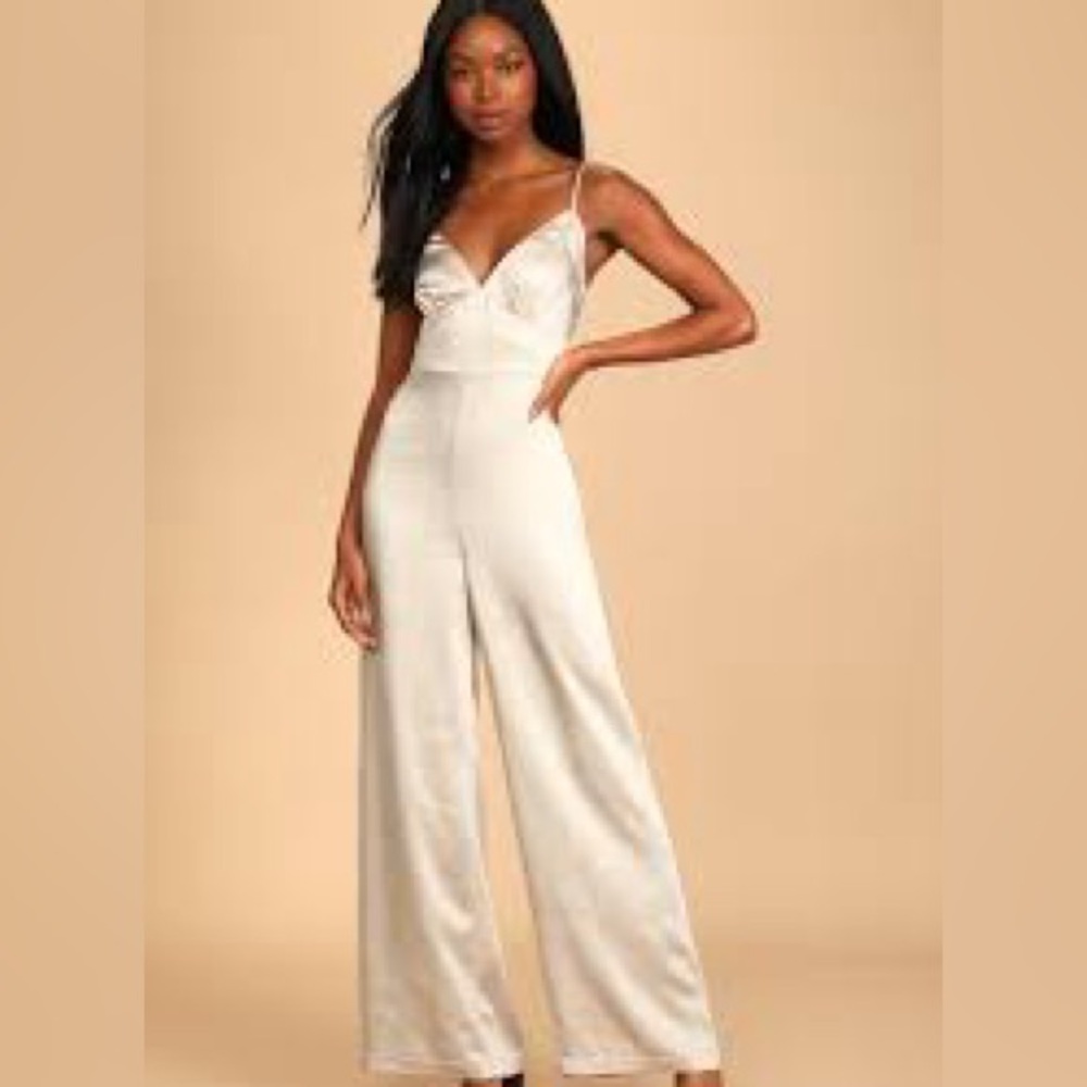 Lulus Champagne satin cowl back jumpsuit.